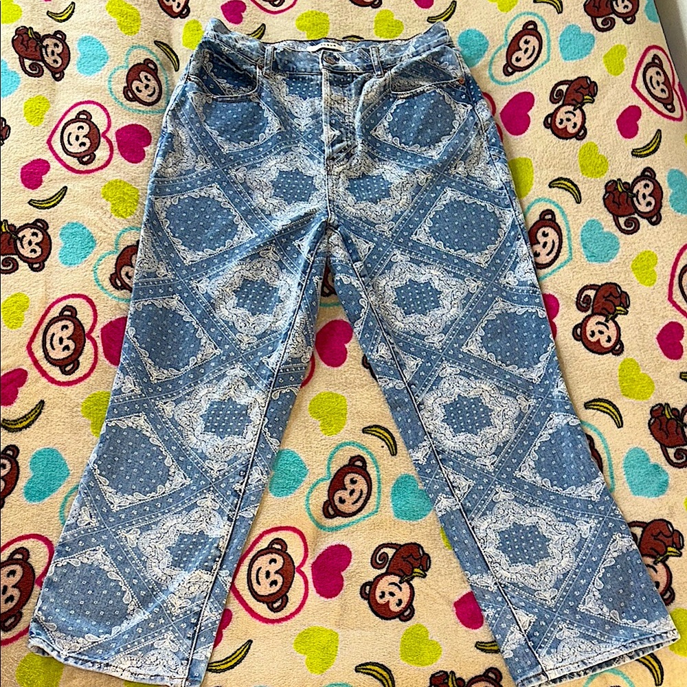 Blue and White Patterned High Waisted Jeans